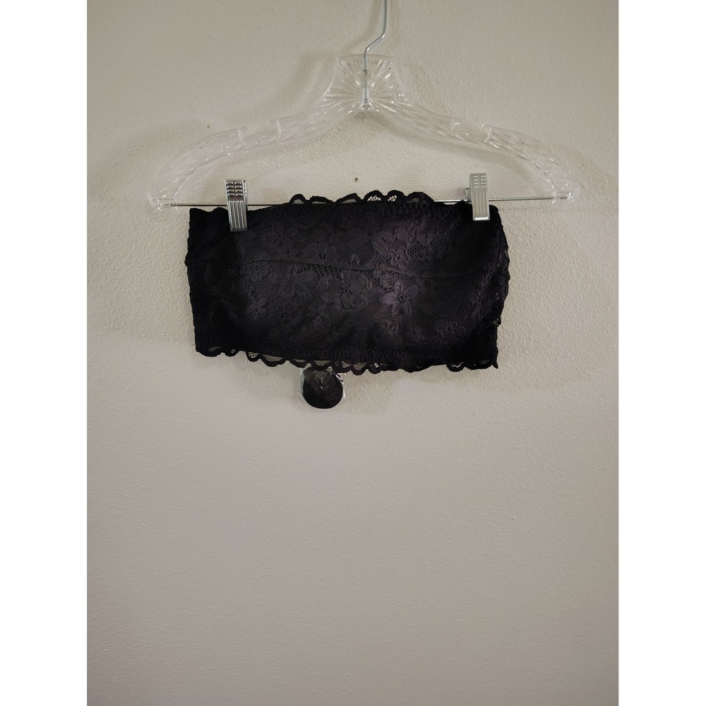 Black Floral Lace Bandeau Bra Strapless Wireless Scalloped Hook Back Womens
